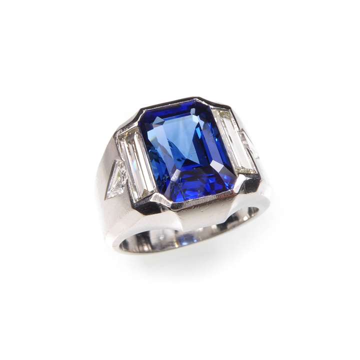 Rectangular cut sapphire and diamond ring